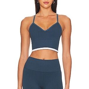 The Upside Teal V-Neck Longline Sports Bra with White Contrast Band